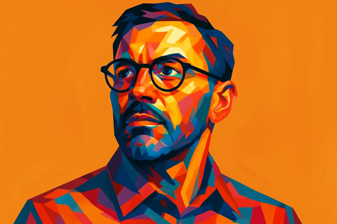 Vibrant pop-art style illustration of a contemplative man in glasses, portrayed against a bright orange background. The multicolored geometric design conveys a sense of inspiration and wisdom, symbolizing the impactful presence of educators. This image represents the theme of '20 Quotes for Teachers', celebrating the transformative power of teaching and learning.