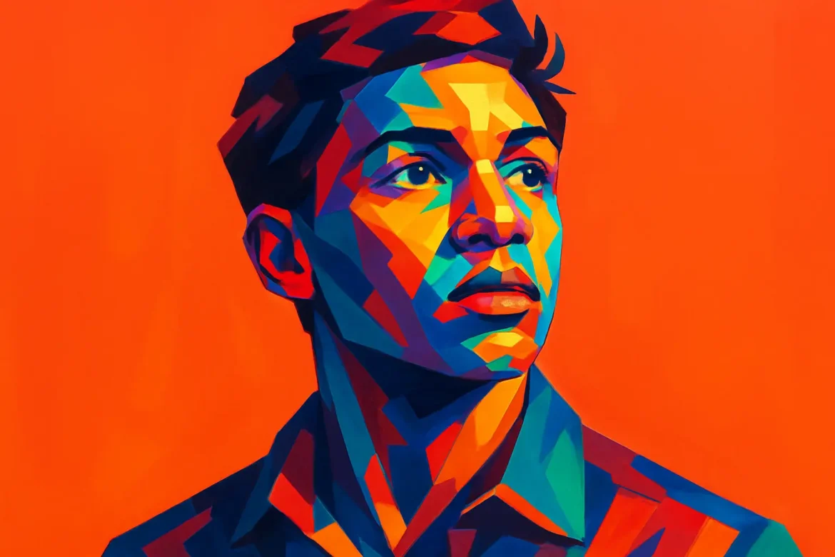 Artistic and vividly colored portrait of a young man gazing upward with a contemplative expression, set against a bold orange background. The stylized geometric design emphasizes individuality, introspection, and the dynamic nature of modern citizenship, resonating with themes of identity, responsibility, and civic engagement.
