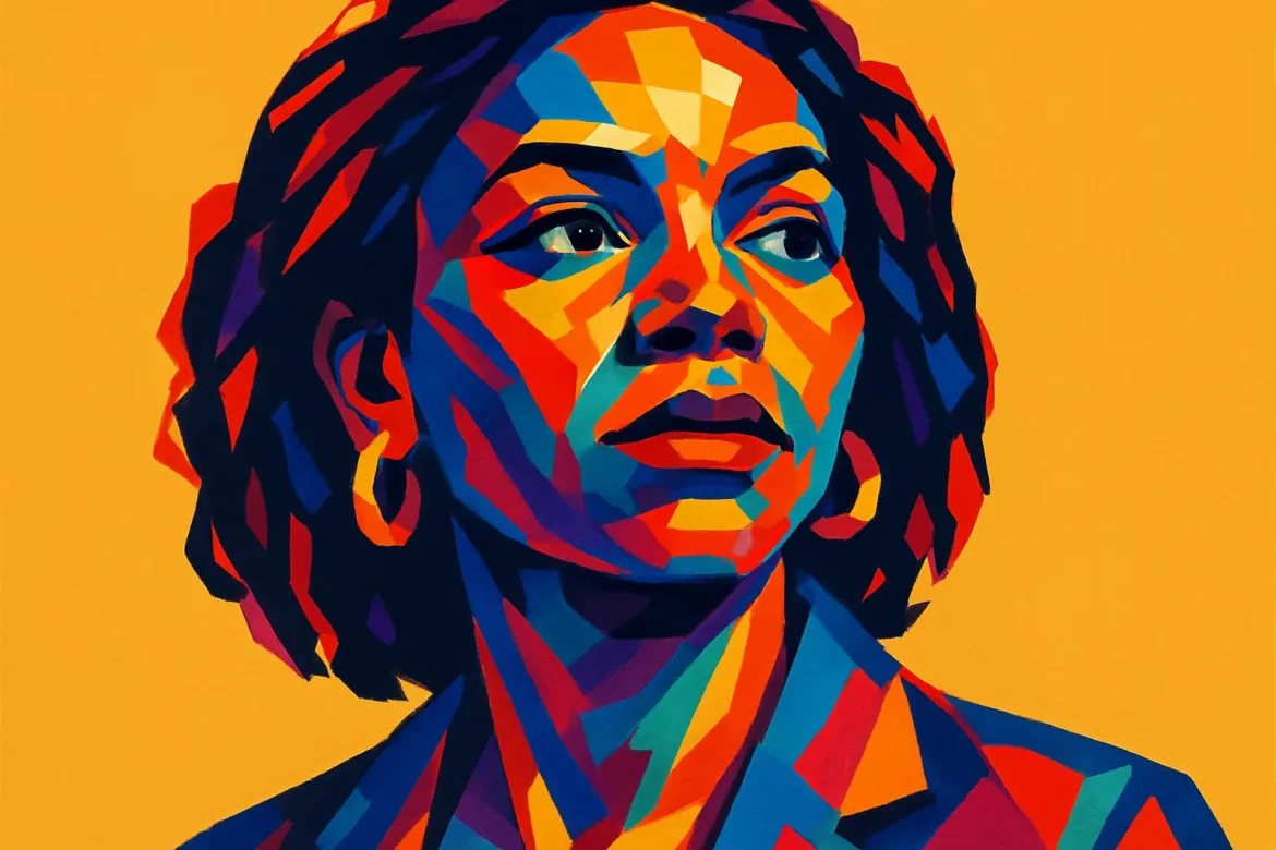 Vibrant and stylized portrait of a woman set against a bold yellow background, rendered in geometric and saturated colors. Her expression conveys determination and dignity, symbolizing the fight for human rights, justice, and equality. This artwork visually celebrates the resilience and courage of individuals who stand up for civil liberties and universal human dignity.