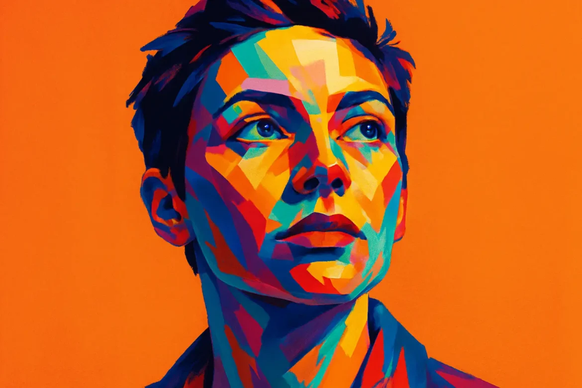 Vibrant and stylized digital painting of a woman gazing thoughtfully into the distance, rendered in bold, geometric patches of color against a vivid orange background. The image symbolizes the strength and serenity of inner peace, aligning with the theme '20 Quotes on Peace' by portraying emotional depth, resilience, and hope through expressive color and composition.