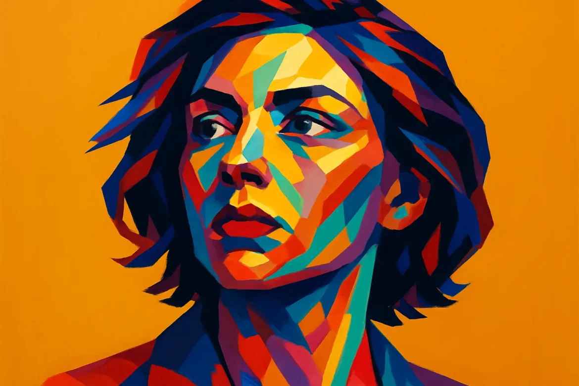 Vivid and stylized digital artwork of a woman rendered in sharp geometric shapes and a vibrant palette of reds, blues, and yellows against an orange background. Her serious expression and focused gaze convey determination and introspection, echoing themes of environmental consciousness and the urgent need for sustainability in a changing world.