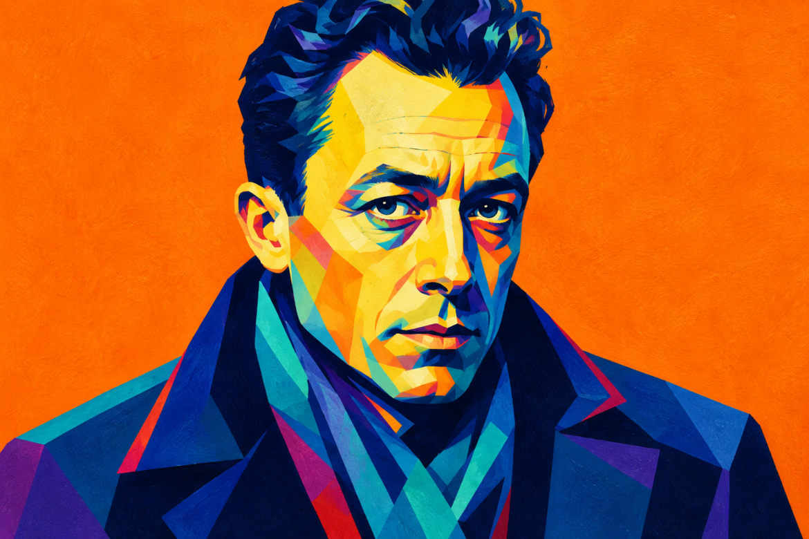 Illustrated portrait of Albert Camus in vibrant colors on an orange background.