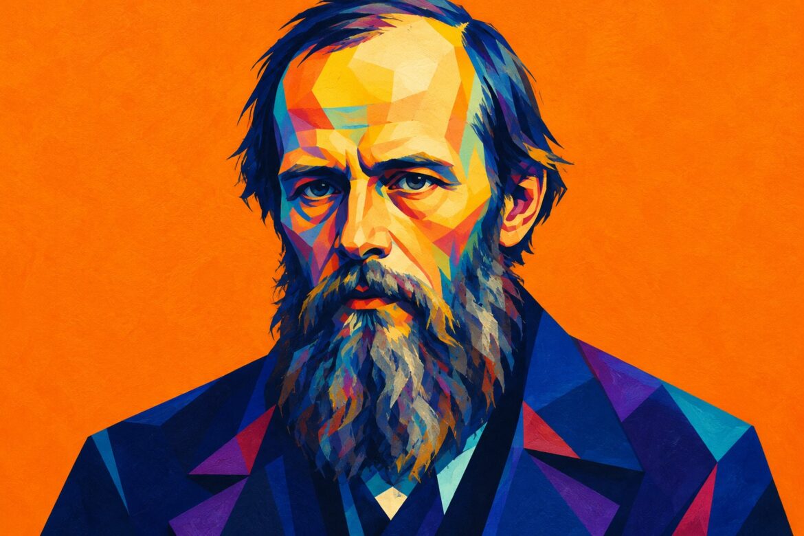 Illustrated portrait in geometric pop art style of Fyodor Dostoevsky, thick beard and intense gaze, on an orange background.