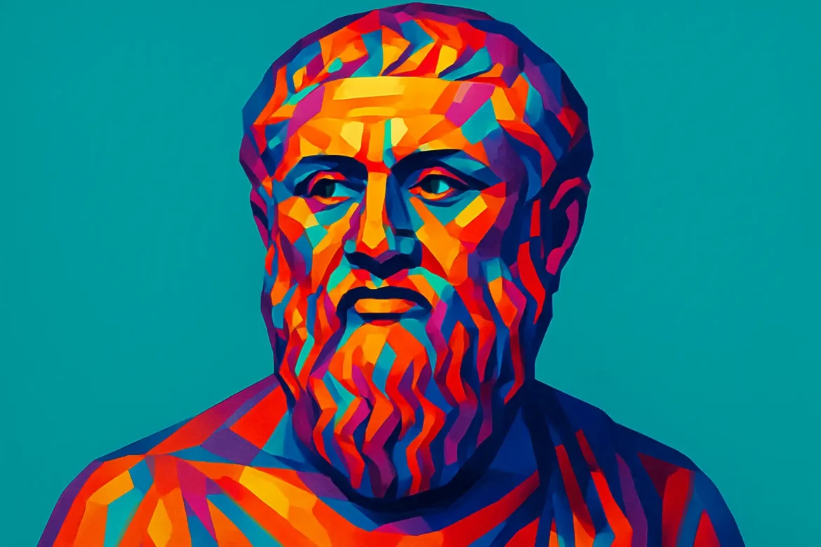 Retrato artístico multicolor de Platón (c. 427 – c. 347 a. C.), uno de los filósofos más influyentes de la Antigua Grecia. Discípulo de Sócrates y maestro de Aristóteles, sus obras abarcan temas como la justicia, la política, la ética y, especialmente, el conocimiento. Este estilo vibrante resalta la relevancia atemporal de sus ideas, sintetizadas en frases que invitan a la reflexión filosófica hasta hoy.