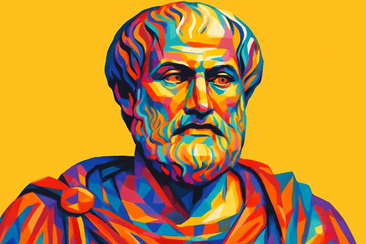 Retrato artístico y multicolor de Aristóteles (384 a.C. – 322 a.C.), uno de los más grandes filósofos de la Antigua Grecia. Discípulo de Platón y maestro de Alejandro Magno, sus enseñanzas sobre ética, lógica, política y metafísica sentaron las bases del pensamiento occidental. La imagen, vibrante y estilizada, resalta la profundidad de sus ideas y su legado intelectual en la historia de la filosofía.