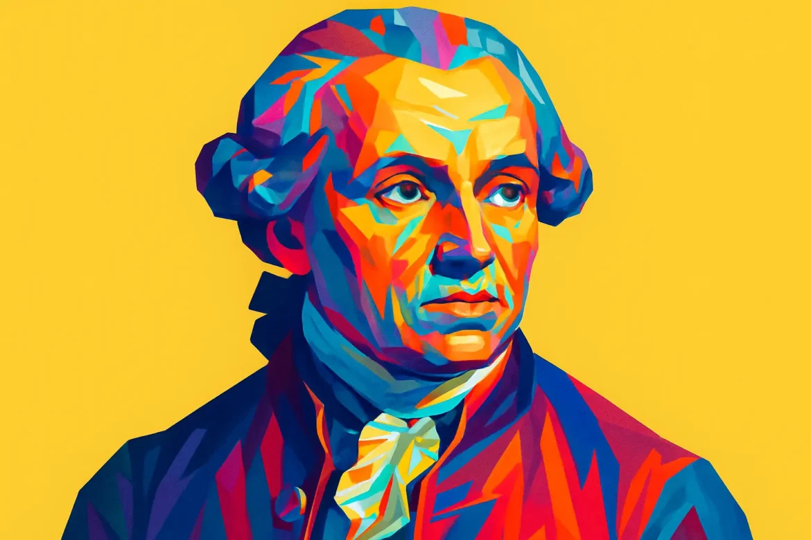 Retrato artístico en estilo pop art de Immanuel Kant (1724–1804), influyente filósofo alemán de la Ilustración, conocido por sus obras fundamentales sobre la ética y la moral, como la 'Crítica de la razón práctica'. Sus ideas sobre el deber, la autonomía y el imperativo categórico transformaron radicalmente la filosofía moral y siguen siendo objeto de estudio en la actualidad.
