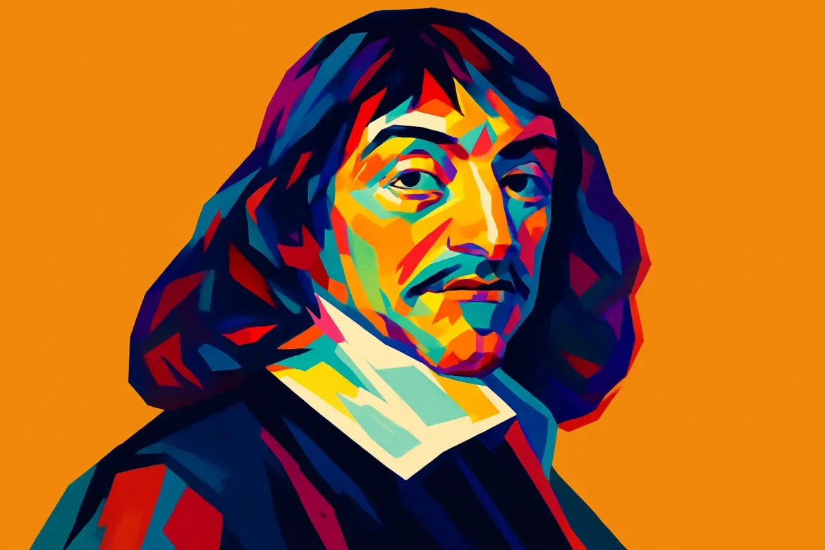 Retrato estilizado y colorido de René Descartes (1596 – 1650), filósofo, matemático y científico francés, considerado uno de los pensadores más influyentes de la Edad Moderna. Conocido por su célebre frase “Pienso, luego existo”, su obra sentó las bases del racionalismo y transformó la manera en que comprendemos la razón, el conocimiento y la existencia.