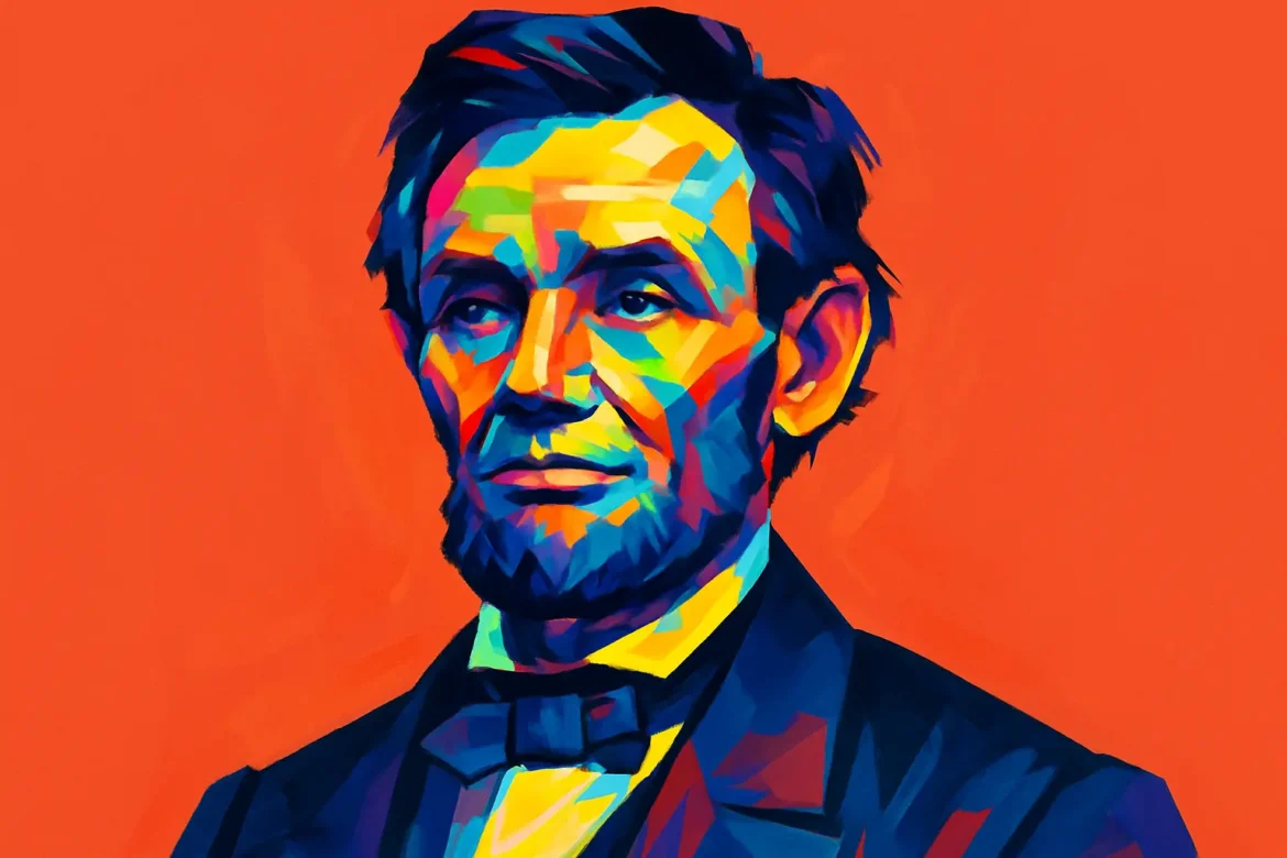 Retrato artístico en estilo pop art de Abraham Lincoln (1809–1865), quien fue el 16º presidente de los Estados Unidos. Conocido por liderar el país durante la Guerra Civil Americana y por abolir la esclavitud con la Proclamación de Emancipación, Lincoln es una figura emblemática de la historia estadounidense por su defensa de la libertad, la unidad nacional y los derechos humanos.