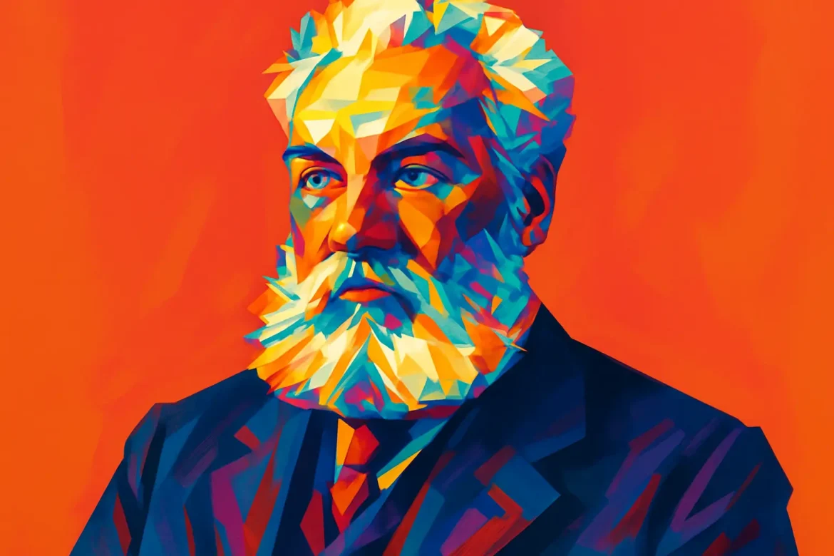 Retrato artístico y colorido de Alexander Graham Bell (1847 – 1922), científico e inventor escocés nacionalizado estadounidense, reconocido mundialmente por la invención del teléfono en 1876. Además de su trabajo en las telecomunicaciones, Bell se dedicó a investigaciones en comunicación para personas sordas, ingeniería del sonido y aeronáutica, dejando un legado profundo en la ciencia y la tecnología moderna.