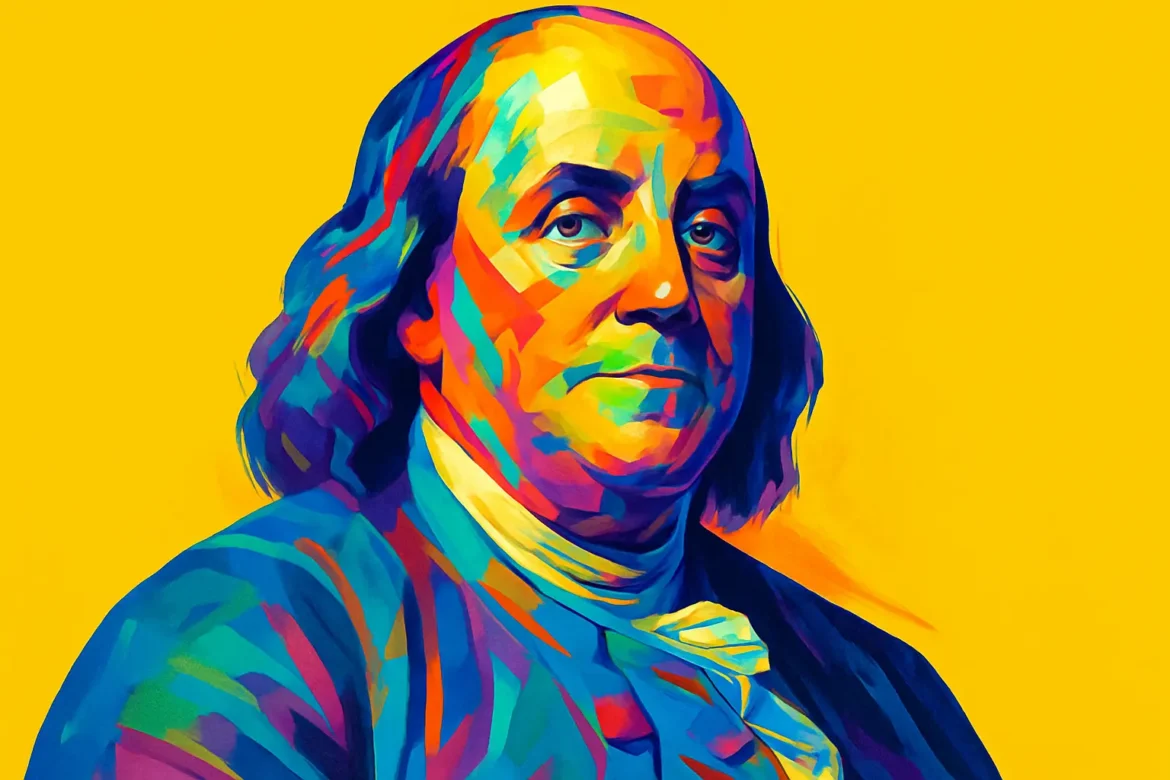 Retrato artístico y colorido de Benjamin Franklin (1706 – 1790), uno de los Padres Fundadores de los Estados Unidos. Franklin fue un polímata destacado: político, diplomático, inventor, científico y escritor. Conocido por sus experimentos con la electricidad y por la invención del pararrayos, también fue parte fundamental en la redacción de la Declaración de Independencia y en la promoción de ideales ilustrados en el nuevo mundo.