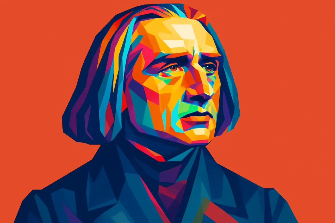 Retrato artístico en estilo pop art de Franz Liszt (1811–1886), célebre compositor, pianista y director de orquesta húngaro del Romanticismo. Conocido por su virtuosismo al piano y por revolucionar la música con sus composiciones innovadoras, Liszt fue una figura clave en el desarrollo del poema sinfónico y en la evolución del concierto como espectáculo. El fondo rojo vibrante y los colores intensos del retrato simbolizan su energía creativa y su impacto duradero en la historia de la música.