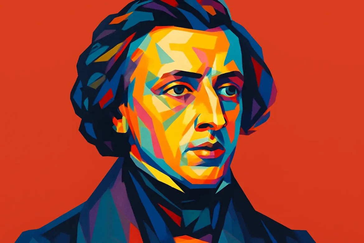Retrato artístico en estilo pop art de Frédéric Chopin (1810 – 1849), compositor y virtuoso pianista polaco. Destacado por sus obras para piano solo, fue una de las figuras más influyentes del Romanticismo musical. Su música, impregnada de lirismo y técnica refinada, refleja la melancolía y el alma de su tierra natal. Chopin vivió gran parte de su vida en París, donde desarrolló una carrera brillante y dejó un legado duradero en la historia de la música clásica.
