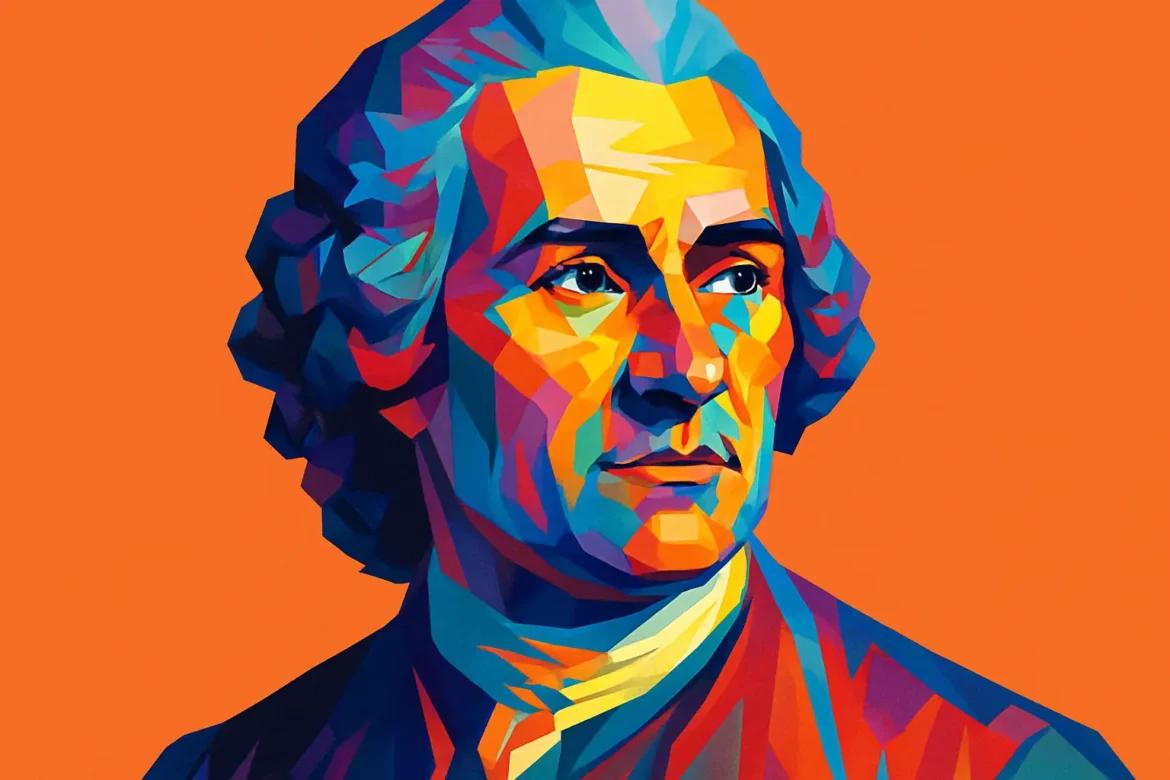 Retrato artístico y estilizado de Jean-Jacques Rousseau (1712 – 1778), uno de los más influyentes filósofos del Siglo de las Luces. Su pensamiento marcó profundamente la política, la pedagogía y la filosofía moderna, especialmente con obras como 'El contrato social' y 'Emilio, o De la educación'. Defensor de la libertad, la igualdad y la bondad natural del ser humano, Rousseau ejerció un papel decisivo en los ideales que inspiraron la Revolución Francesa.