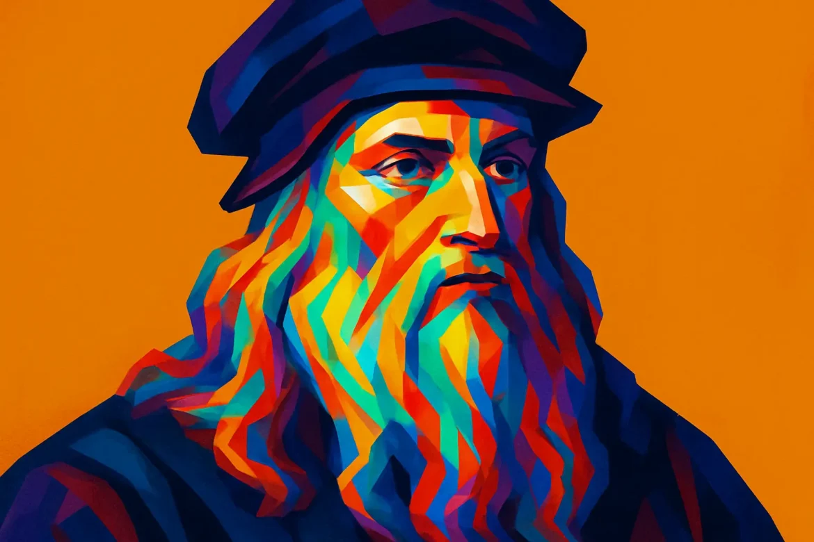 Retrato artístico en estilo pop art de Leonardo da Vinci (1452–1519), polímata italiano del Renacimiento. Fue pintor, ingeniero, anatomista, arquitecto, inventor y científico, ampliamente reconocido por obras maestras como 'La última cena' y 'La Mona Lisa'. Su incansable curiosidad y talento multidisciplinar lo convierten en una de las figuras más influyentes de la historia de la humanidad.