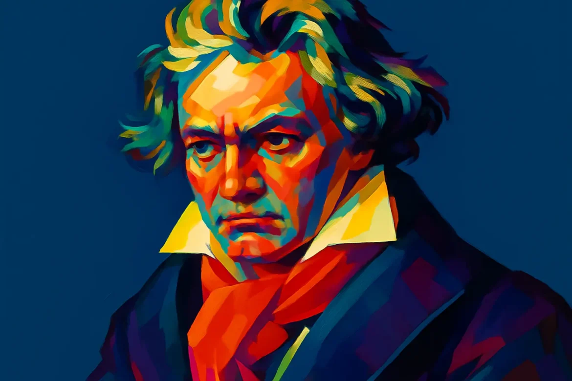 Retrato artístico en estilo pop art de Ludwig van Beethoven (1770 – 1827), uno de los compositores más influyentes de la historia de la música clásica. A pesar de perder la audición, Beethoven creó algunas de las obras más célebres de todos los tiempos, como su Novena Sinfonía y la Sonata Claro de Luna. Su legado marcó la transición entre el clasicismo y el romanticismo musical.