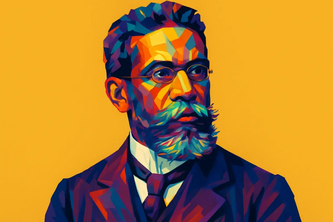Retrato artístico de Machado de Assis (1839 – 1908), destacado escritor, poeta y cronista brasileño, representado en estilo pop art con colores vibrantes sobre fondo amarillo. Fundador de la Academia Brasileña de Letras, es considerado uno de los más grandes nombres de la literatura de Brasil y autor de obras fundamentales como 'Memorias póstumas de Blas Cubas' y 'Dom Casmurro'.