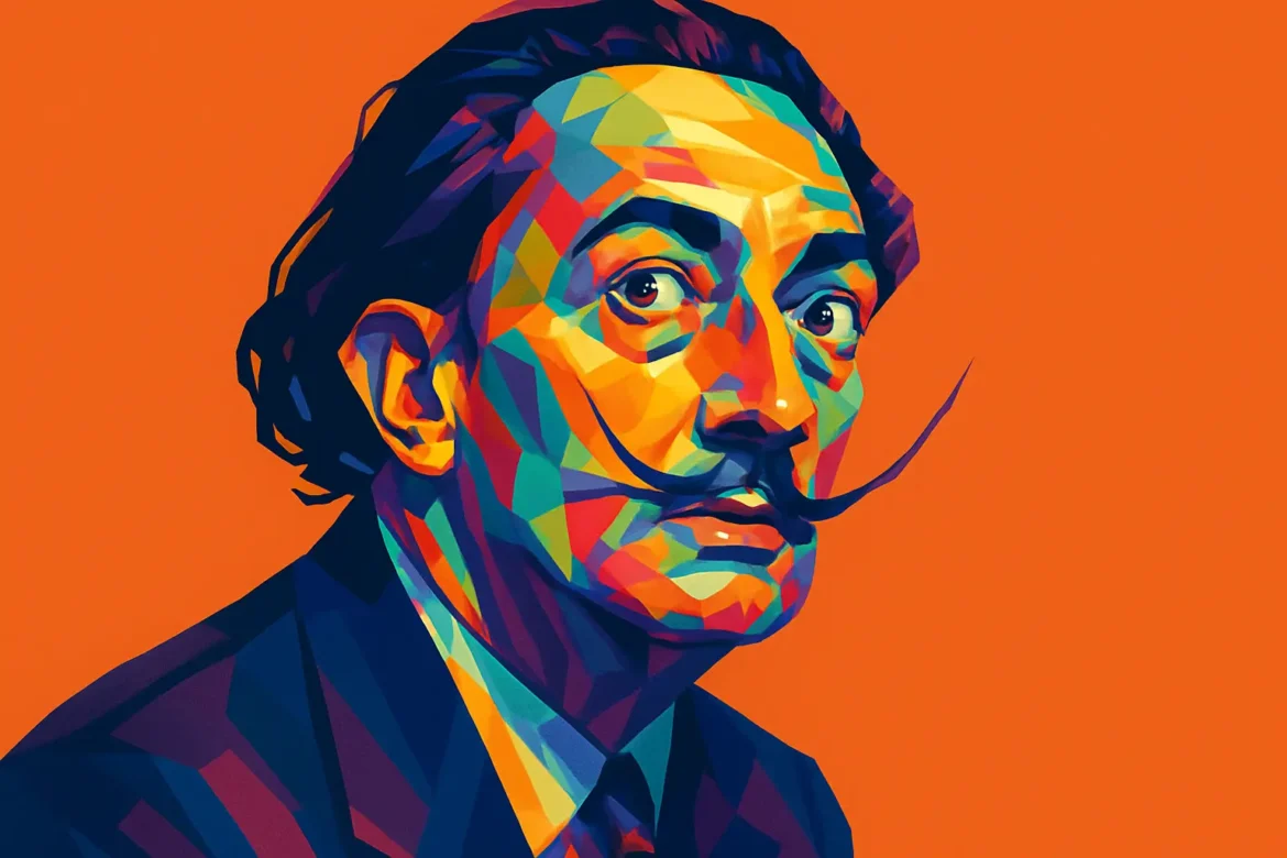 Retrato artístico en estilo pop art de Salvador Dalí (1904 – 1989), célebre pintor surrealista español conocido por su imaginación desbordante, su característico bigote y obras icónicas como 'La persistencia de la memoria'. Figura clave del surrealismo, Dalí exploró el subconsciente, los sueños y lo irracional a través de un estilo visual único que marcó la historia del arte del siglo XX.