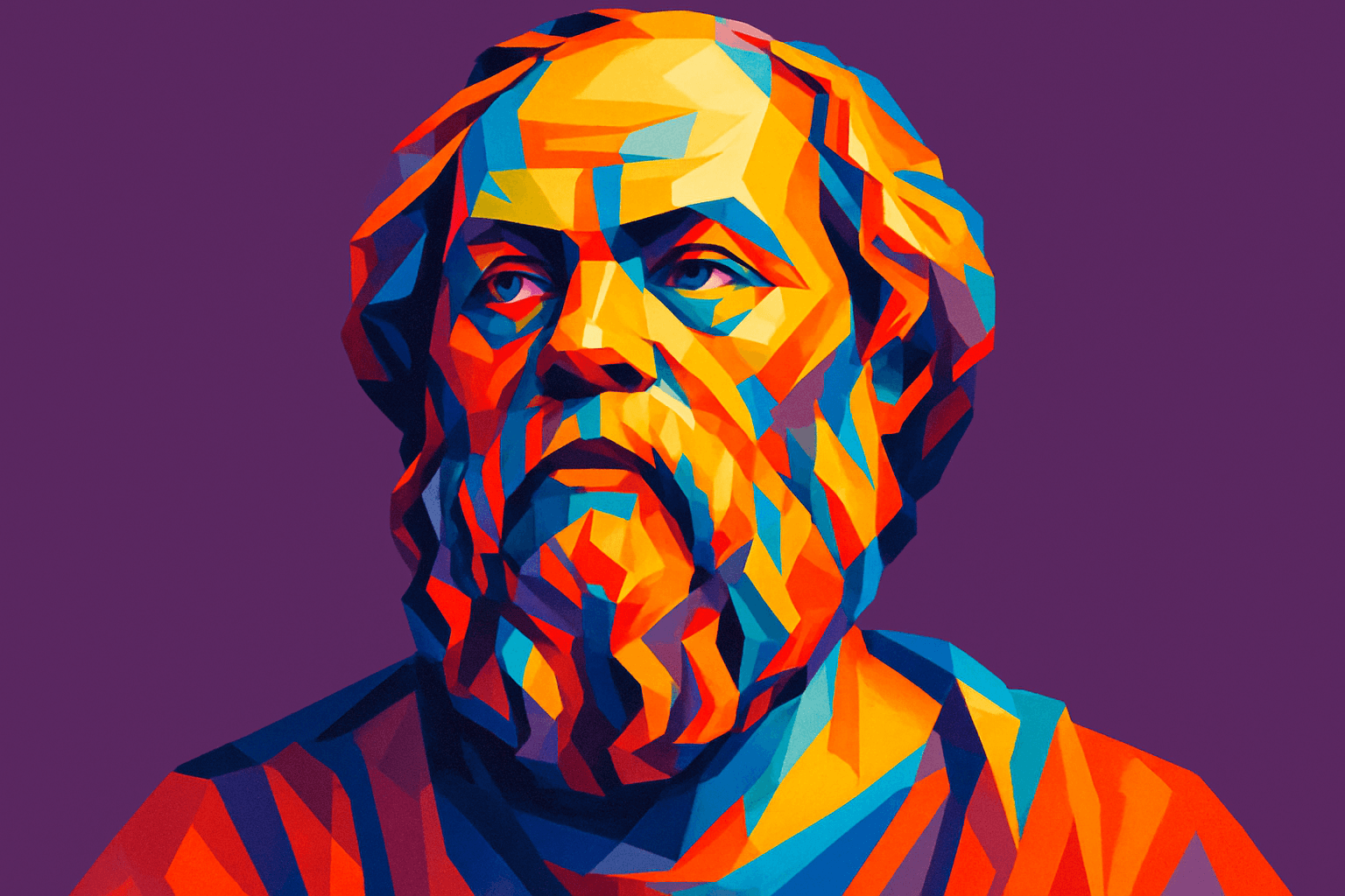 Retrato artístico en estilo pop art de Sócrates (470 a.C. – 399 a.C.), uno de los más influyentes filósofos griegos de la antigüedad. Considerado el padre de la filosofía occidental, es célebre por su método de diálogo, conocido como mayéutica, y por su incansable búsqueda del conocimiento y la virtud. Su pensamiento fue inmortalizado por sus discípulos, especialmente Platón, ya que Sócrates no dejó escritos propios. En la imagen, su semblante severo y reflexivo resalta en un fondo púrpura, con facciones angulares representadas en vivos colores geométricos.