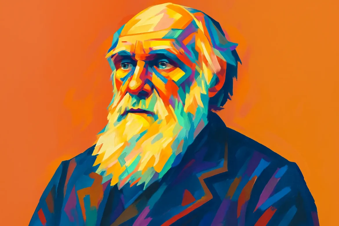 Retrato artístico y colorido de Charles Darwin (1809 – 1882), eminente naturalista británico conocido por desarrollar la teoría de la evolución por selección natural. Su obra más influyente, 'El origen de las especies' (1859), revolucionó la biología y cambió para siempre la comprensión científica del desarrollo de la vida en la Tierra.