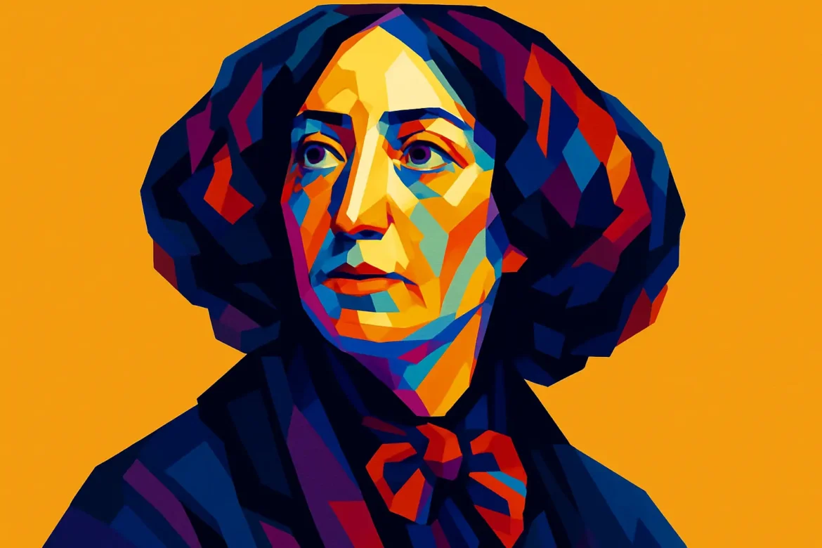 Retrato artístico en estilo pop art de George Sand (1804–1876), novelista, ensayista y una de las figuras más influyentes del romanticismo francés. Conocida por adoptar un seudónimo masculino y desafiar las normas sociales de su época, Sand fue una escritora prolífica cuya obra abordó temas como la justicia social, la libertad individual y las luchas del campesinado. Su vida personal, marcada por relaciones con grandes figuras como Frédéric Chopin, también la convirtió en un símbolo de independencia intelectual y feminismo del siglo XIX.