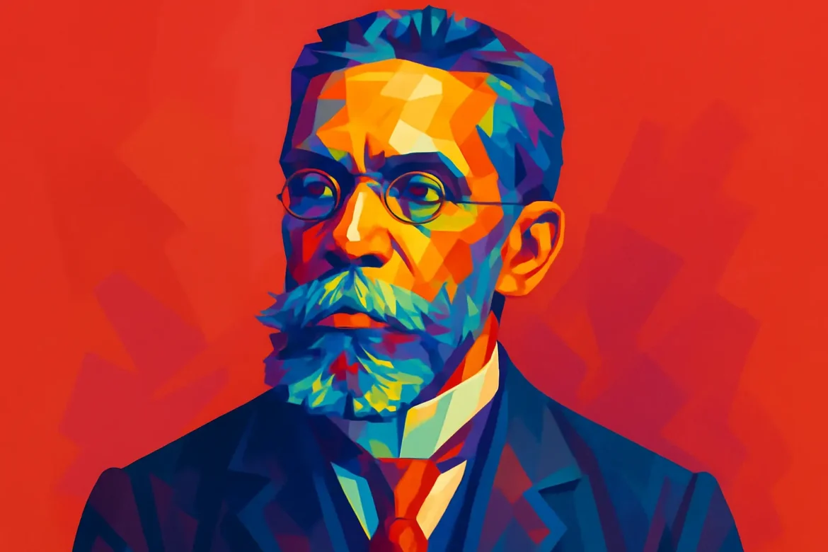 Retrato artístico y colorido de Machado de Assis (1839 – 1908), célebre escritor, cronista y dramaturgo brasileño, conocido por su aguda ironía y perspicaz crítica social. Figura central de la literatura brasileña y fundador de la Academia Brasileña de Letras, su estilo refinado e irónico transformó la narrativa realista, dejando una huella indeleble con obras como 'Memorias póstumas de Brás Cubas' y 'Dom Casmurro'.