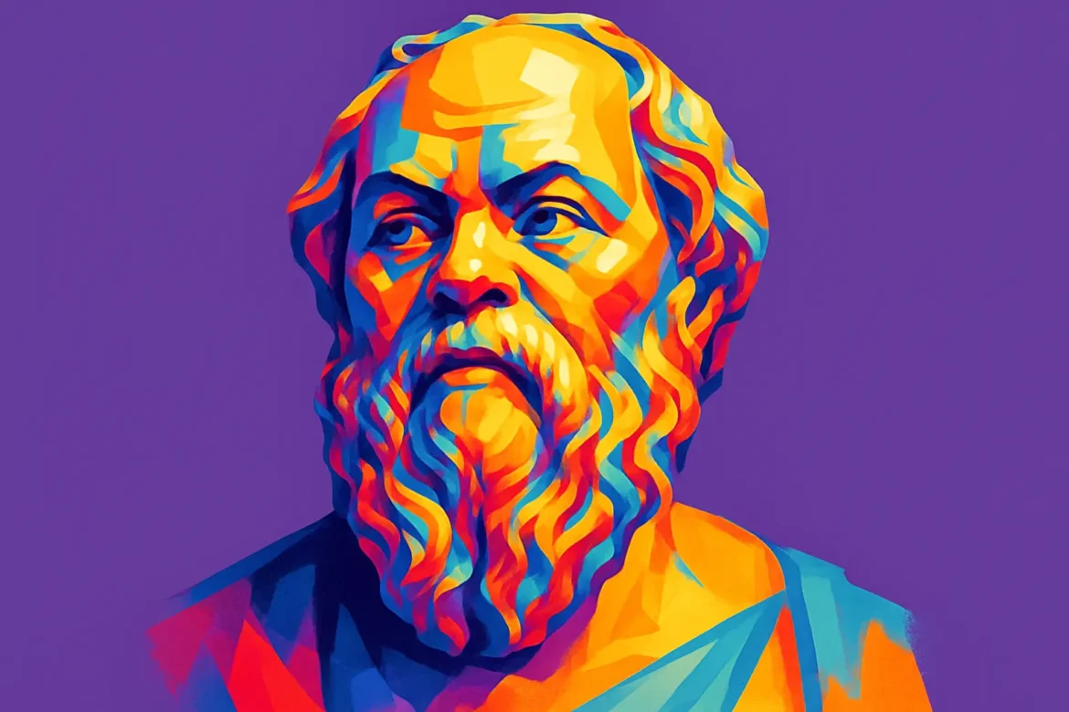 Retrato artístico en estilo pop art de Sócrates (470 a. C. – 399 a. C.), uno de los más influyentes filósofos de la Antigua Grecia. Considerado el padre de la filosofía occidental, Sócrates dedicó su vida a la búsqueda del conocimiento y la virtud a través del diálogo y la reflexión crítica. Su célebre afirmación 'Solo sé que no sé nada' refleja su concepción de la verdadera sabiduría como el reconocimiento de la propia ignorancia.