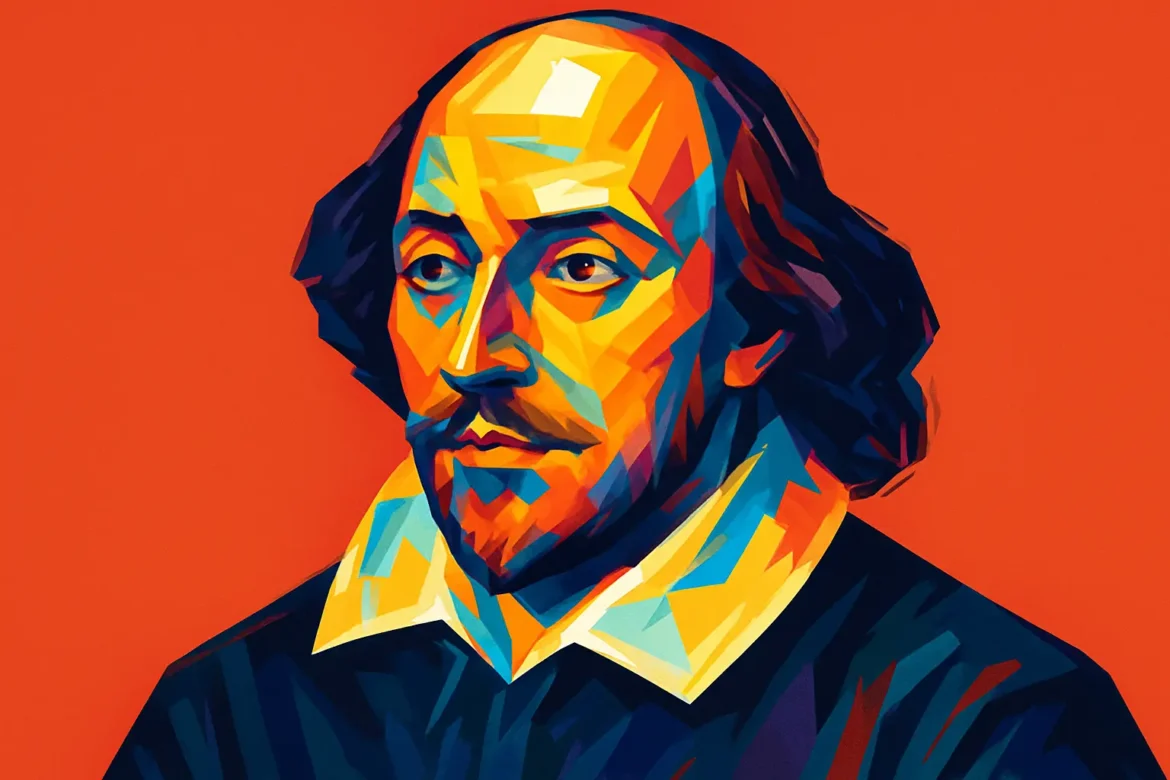 Retrato artístico en estilo pop-art de William Shakespeare (1564 – 1616), célebre dramaturgo, poeta y actor inglés del Renacimiento. Considerado una de las figuras más influyentes de la literatura universal, sus obras exploran las complejidades del amor, la tragedia, el poder y la condición humana. Este diseño vibrante acompaña el tema '30 frases de Shakespeare sobre el amor', destacando su legado romántico en piezas como 'Romeo y Julieta' y 'Sonetos'.