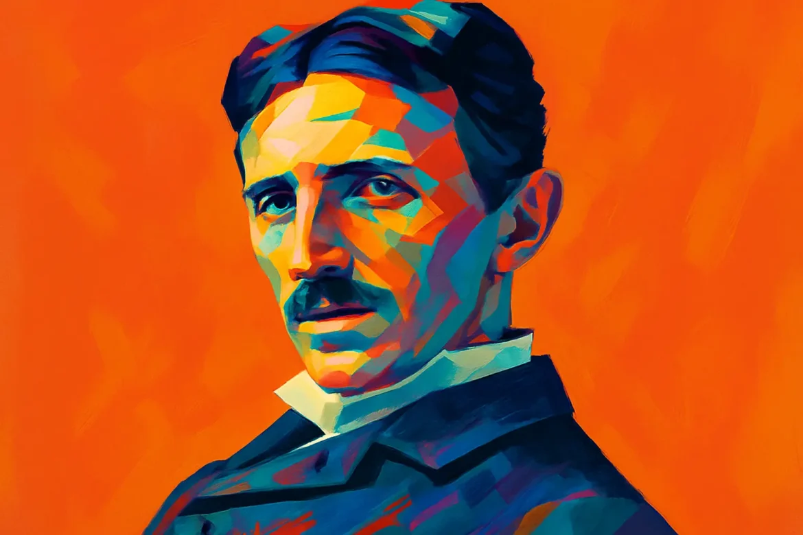 Retrato artístico de Nikola Tesla (1856 – 1943), inventor, ingeniero eléctrico y visionario serbio-estadounidense, conocido por sus revolucionarias contribuciones al desarrollo de la corriente alterna y la tecnología inalámbrica. El uso de colores vibrantes y formas geométricas en la imagen simboliza su genio innovador y su impacto duradero en la ciencia y la tecnología modernas.