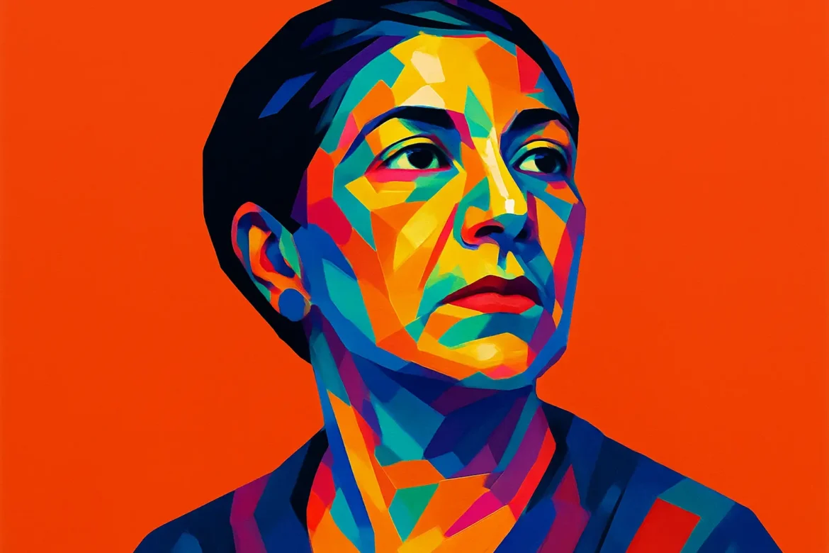Retrato artístico multicolorido de Tarsila do Amaral (1886 – 1973), destacada pintora modernista brasileña y figura clave en el movimiento modernista de Brasil. Conocida por obras icónicas como 'Abaporu' y por su papel crucial en la construcción de una identidad visual brasileña en el arte del siglo XX, su estilo fusiona el modernismo europeo con elementos culturales y paisajísticos de Brasil.