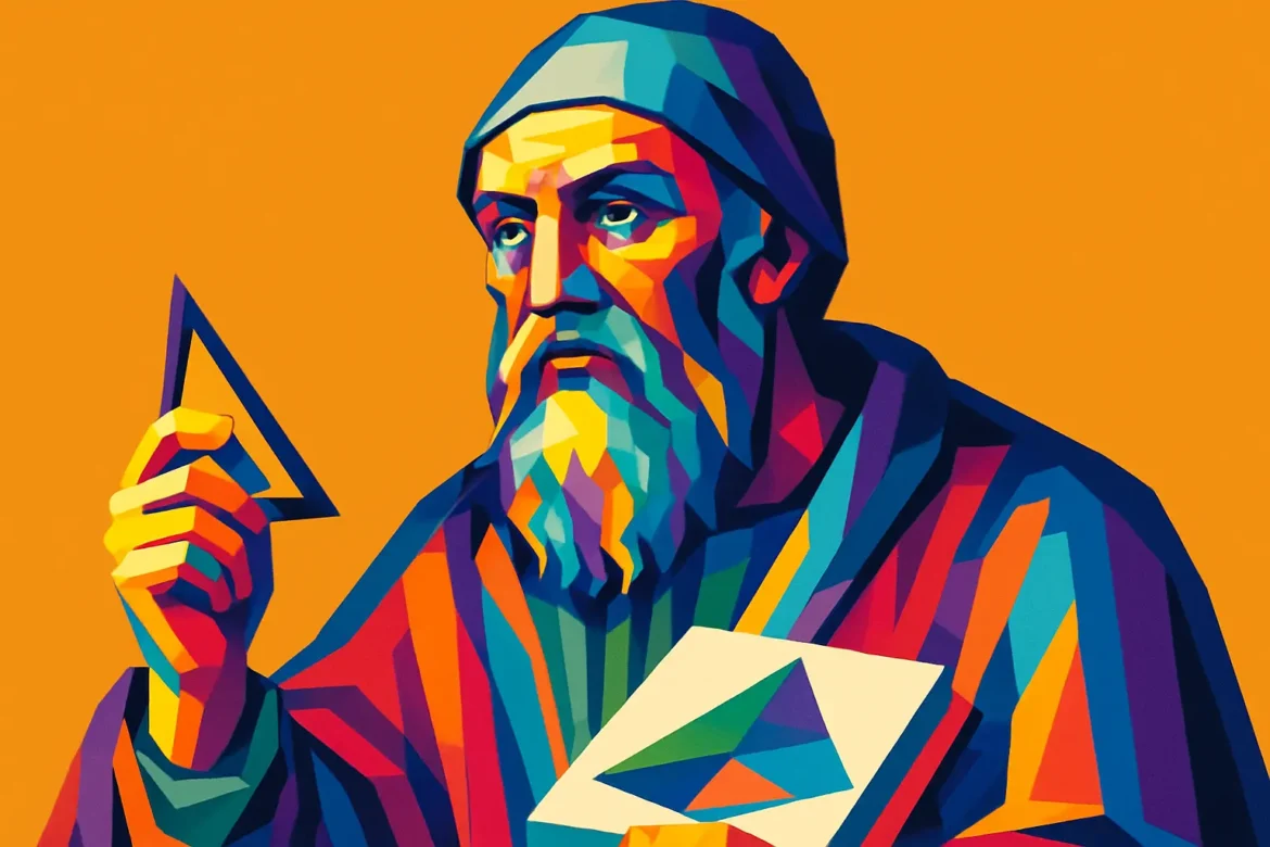Retrato artístico de Euclides (c. 300 a. C.), célebre matemático griego conocido como el padre de la geometría. En la imagen, se le representa en un estilo moderno y colorido sujetando un triángulo y un libro con formas geométricas, en alusión a su obra más influyente, 'Los Elementos', que estableció los fundamentos de la geometría euclidiana y marcó un hito en la historia de las matemáticas.