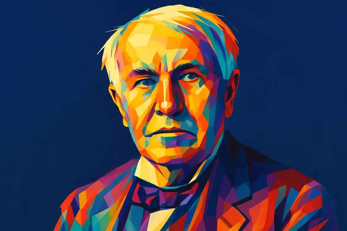 Retrato artístico y colorido de Thomas Edison (1847 – 1931), prolífico inventor e innovador estadounidense conocido mundialmente por su papel crucial en el desarrollo de la bombilla eléctrica, el fonógrafo y numerosas otras tecnologías. Edison es considerado una de las figuras más influyentes de la revolución tecnológica del siglo XIX y XX, con más de mil patentes registradas a su nombre.