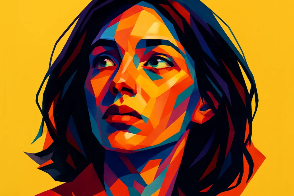 Retrato digital en estilo pop art de una mujer joven, dominado por colores intensos y contrastantes como azul, rojo y naranja sobre un fondo amarillo. Su expresión reflexiva y nostálgica, combinada con la paleta cromática emocional, transmite la esencia del amor imposible: un sentimiento profundo que no puede concretarse, pero que permanece marcado en el alma de quien lo vive en silencio.