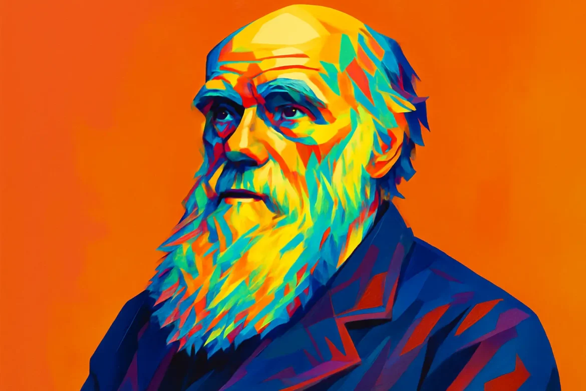 Retrato artístico en estilo pop art de Charles Darwin (1809–1882), naturalista británico reconocido por formular la teoría de la evolución por selección natural. Su obra revolucionó la biología al explicar científicamente cómo las especies cambian a lo largo del tiempo. Esta imagen colorida simboliza el impacto duradero de sus ideas en la ciencia moderna.