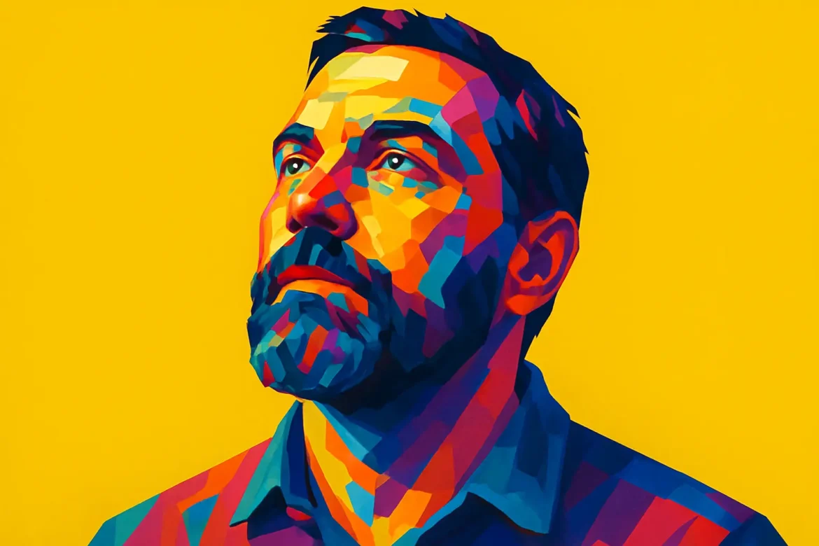 Imagen colorida y expresiva de un hombre representado como figura paterna en estilo pop art sobre fondo amarillo intenso. Su expresión serena y contemplativa refleja fuerza, sabiduría y ternura, atributos comúnmente asociados con la figura del padre. Ideal para ilustrar frases emotivas en el Día del Padre, esta imagen celebra la importancia y el impacto de los padres en nuestras vidas.