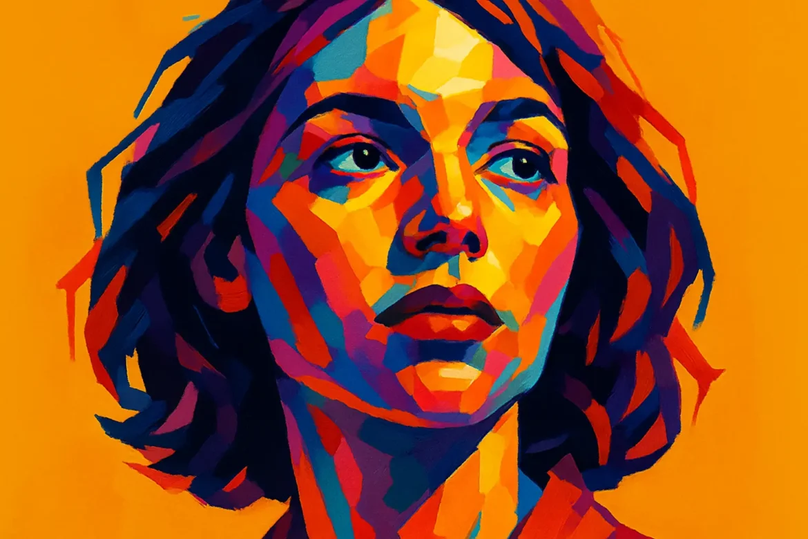 Ilustración digital en estilo pop art de una mujer joven con cabello corto y oscuro, sobre un fondo naranja brillante. Las manchas de colores vivos como el azul, rojo, amarillo y fucsia conforman su rostro, transmitiendo intensidad emocional y creatividad. Esta imagen representa la fuerza expresiva de las emociones modernas, ideal para acompañar historias inspiradoras o introspectivas.