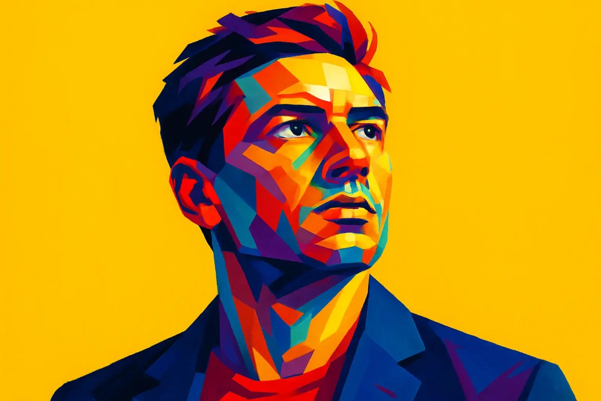Ilustración en vibrante estilo pop art de un hombre mirando hacia arriba con determinación, representando la búsqueda del éxito y la superación personal. Los colores intensos sobre el fondo amarillo transmiten energía positiva, inspiración y una actitud decidida hacia los objetivos, en alineación con el tema '100 Frases Motivacionales para el Éxito'.