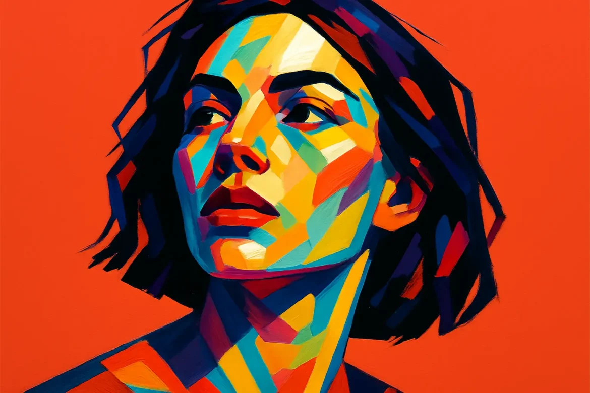 Ilustración vibrante en estilo pop-art que muestra el retrato de una mujer de cabello corto, con el rostro compuesto por formas geométricas en una paleta intensa de colores. El fondo rojo intenso acentúa la fuerza emocional de la imagen, evocando pasión y romanticismo, elementos típicos de San Valentín. Esta obra visual refleja la intensidad de los sentimientos humanos representados mediante arte contemporáneo y expresivo.