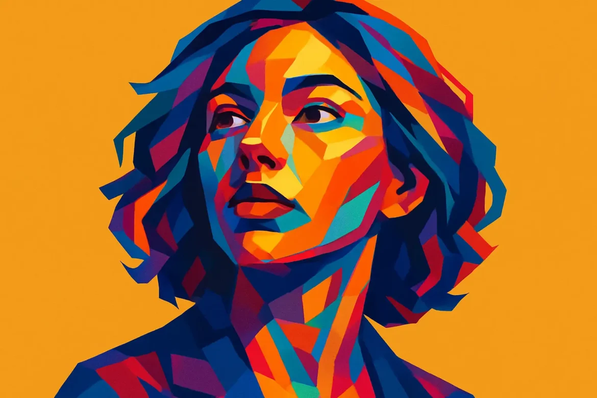 Ilustración vibrante en estilo pop art de una mujer con mirada serena y reflexiva, representada con una amplia paleta de colores vivos sobre un fondo naranja intenso. La imagen evoca optimismo y renovación, reflejando perfectamente el espíritu de los nuevos comienzos que inspira el Año Nuevo.