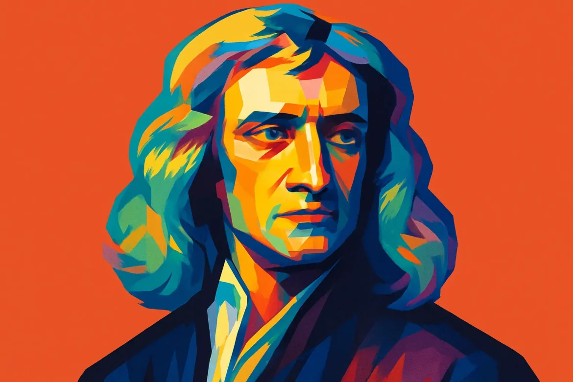Retrato artístico y colorido de Isaac Newton (1643 – 1727), físico, matemático y astrónomo inglés, una de las figuras más influyentes en la historia de la ciencia. Conocido por formular las leyes del movimiento y la ley de la gravitación universal, Newton revolucionó la forma en que entendemos el universo. Esta imagen captura su semblante reflexivo, evocando el espíritu de descubrimiento que caracterizó su vida y obra.