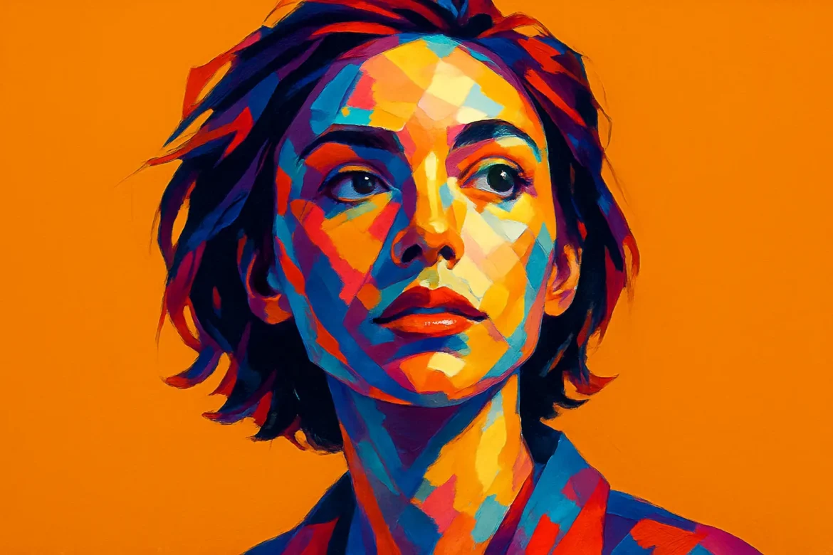 Ilustración estilizada y expresionista de una mujer joven con cabello corto, representada en una explosión de colores intensos como azul, rojo, amarillo y violeta. La composición geométrica y multidimensional del rostro refleja una estética moderna y artística, ideal para quien busca originalidad e impacto visual en su biografía de Instagram. El fondo completamente naranja amplifica el contraste del retrato, resaltando la fuerza y singularidad de la figura femenina retratada.