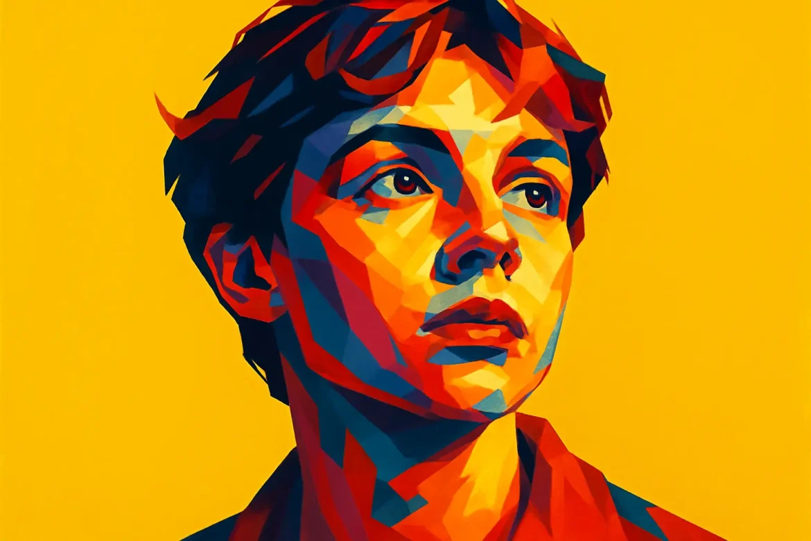 Ilustración digital en estilo pop-art de un joven con expresión nostálgica, representando el primer amor. Los tonos cálidos y contrastantes como el rojo, azul y naranja sobre un fondo amarillo evocan la intensidad emocional de esos recuerdos imborrables de la juventud. La mirada perdida del personaje sugiere una mezcla de ternura, ilusión y añoranza por un sentimiento puro e inolvidable.