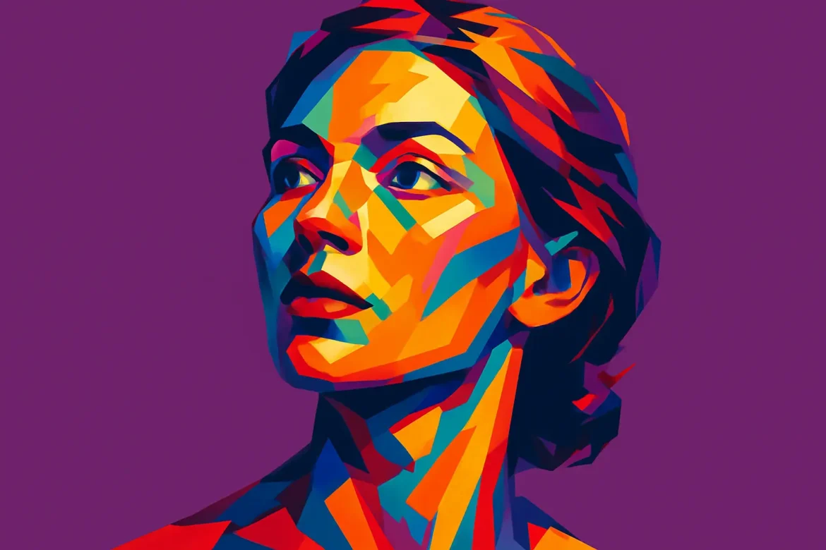 Ilustración digital en vibrante estilo pop art que retrata a una mujer con expresión serena y mirada esperanzada, sobre un fondo púrpura intenso. La obra evoca la profundidad emocional del tema '20 Frases sobre Amor Eterno', capturando visualmente la idea de un amor atemporal, lleno de fuerza, luz y color.