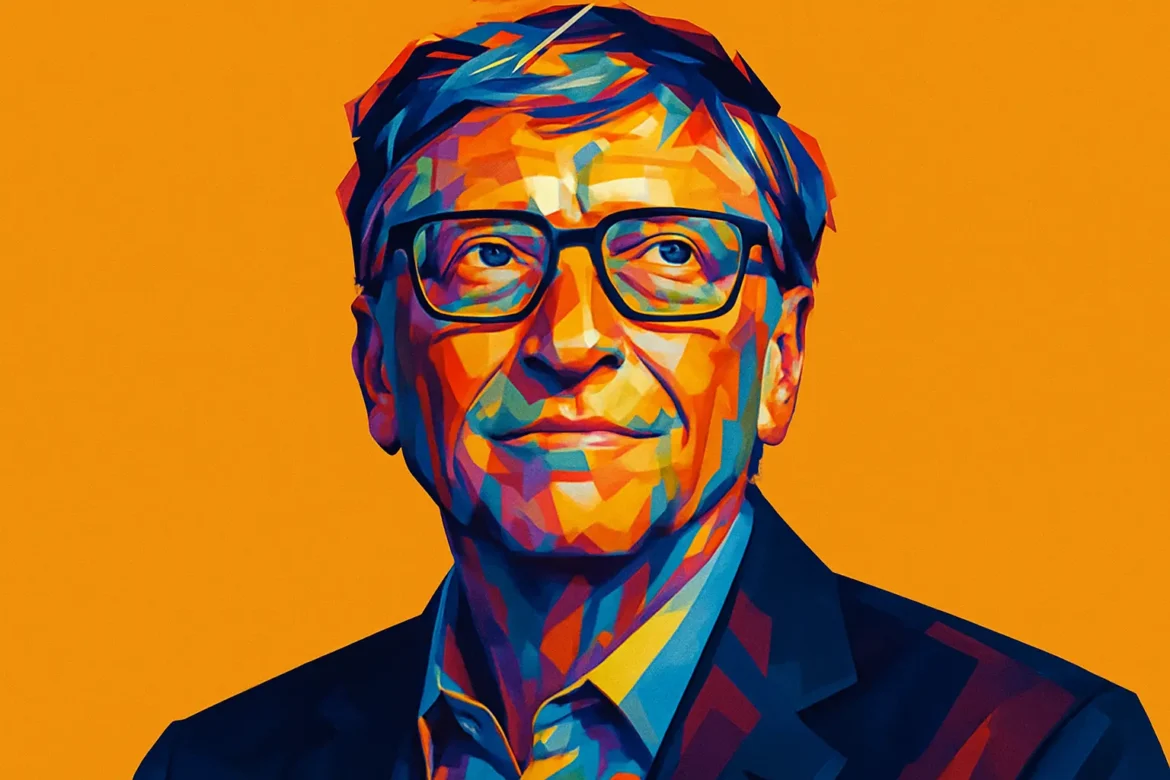 Retrato artístico en estilo pop-art de Bill Gates, empresario, programador y filántropo estadounidense, cofundador de Microsoft. Reconocido como una de las figuras más influyentes de la industria tecnológica, sus pensamientos sobre el éxito, la innovación y el emprendimiento han inspirado a generaciones enteras en el mundo empresarial y más allá. El fondo naranja vibrante y los colores intensos del retrato evocan su carácter visionario y su impacto duradero en la era digital.