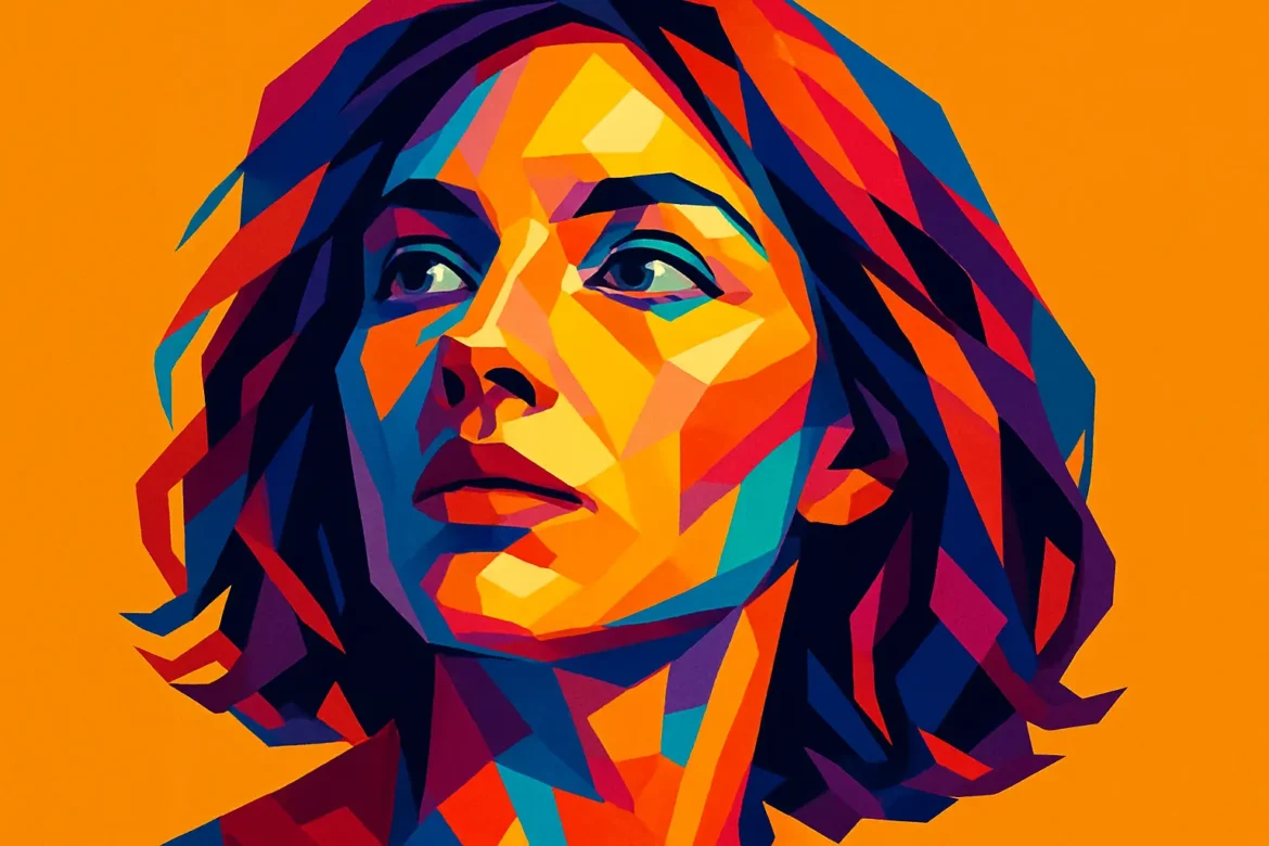 Ilustración vibrante en estilo pop art de una mujer con expresión reflexiva sobre un fondo naranja. Los colores intensos y geométricos que componen su rostro y cabello aportan una energía festiva que evoca celebraciones como los cumpleaños, reflejando la creatividad y la alegría del momento.