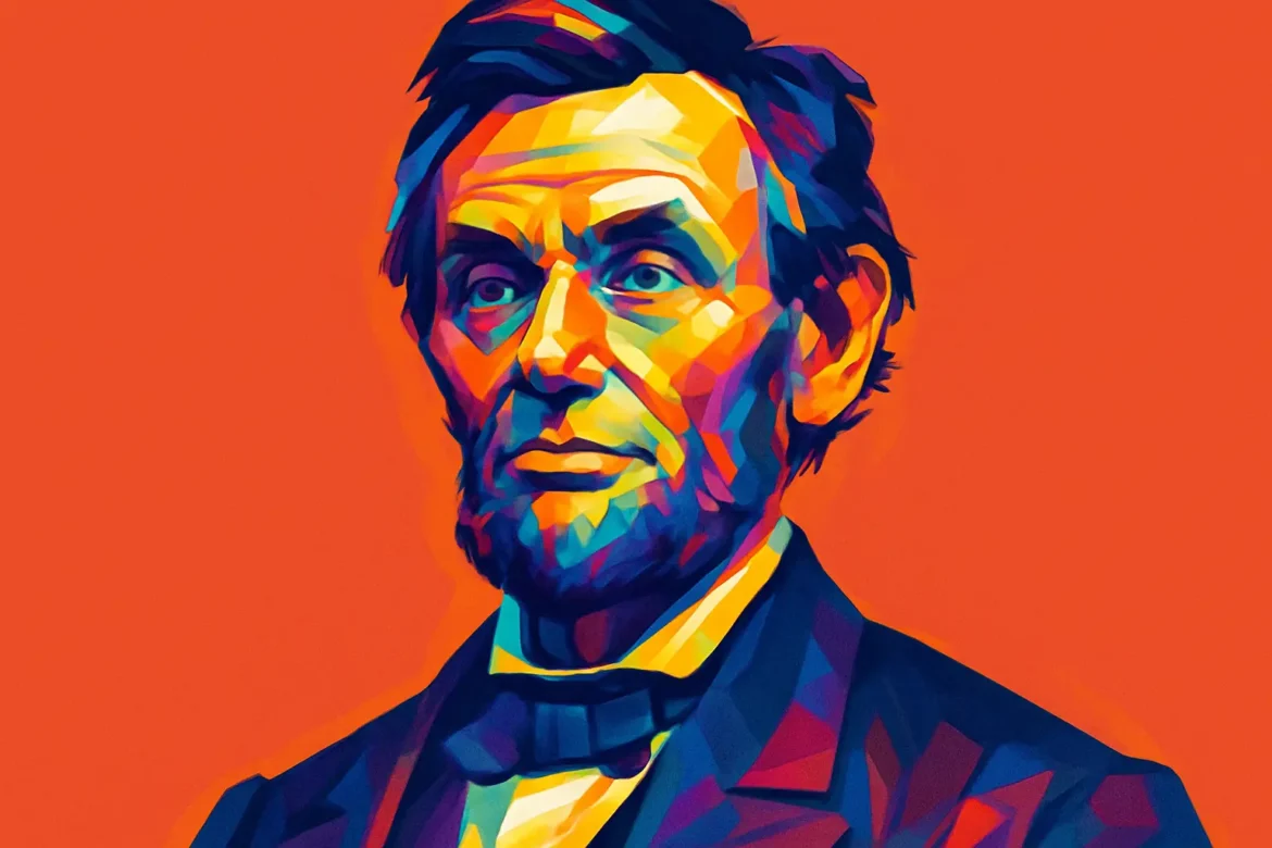 Ilustración colorida y estilizada de Abraham Lincoln (1809–1865), decimosexto presidente de los Estados Unidos, célebre por su liderazgo durante la Guerra Civil y su defensa de la justicia y la abolición de la esclavitud. Esta obra utiliza tonos vibrantes para resaltar su figura histórica y su legado moral y político.