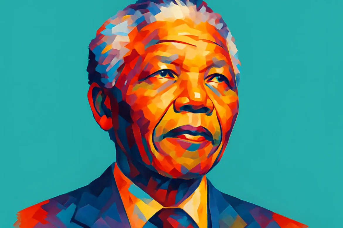 Retrato artístico y colorido de Nelson Mandela (1918 – 2013), activista contra el apartheid, primer presidente negro de Sudáfrica y símbolo mundial del perdón y la reconciliación. Su legado de resistencia pacífica, justicia y humanidad continúa inspirando generaciones a través de sus palabras y acciones, como lo reflejan sus frases sobre el poder transformador del perdón.