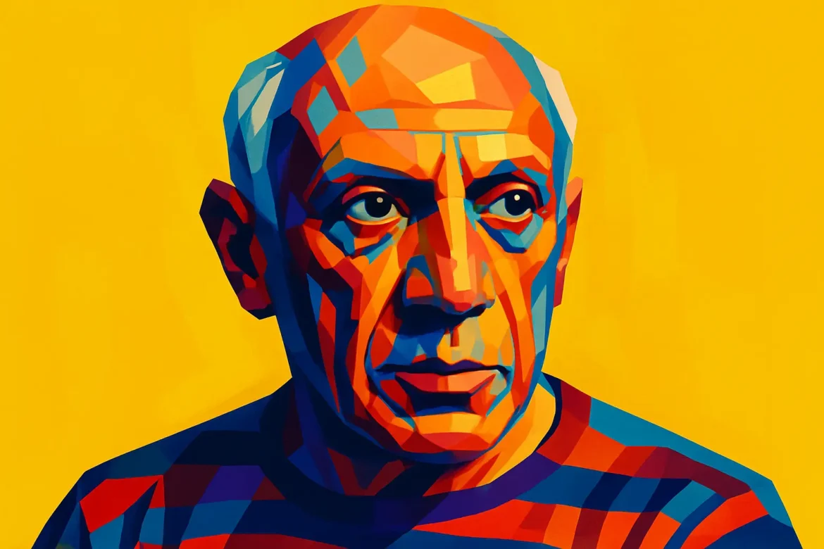 Retrato artístico de Pablo Picasso (1881 – 1973), pintor, escultor y uno de los artistas más influyentes del siglo XX, representado en un estilo geométrico vibrante sobre fondo amarillo. Reconocido por romper con las formas tradicionales del arte, sus frases sobre la creatividad siguen inspirando generaciones con pensamientos libres, provocativos y profundamente originales.