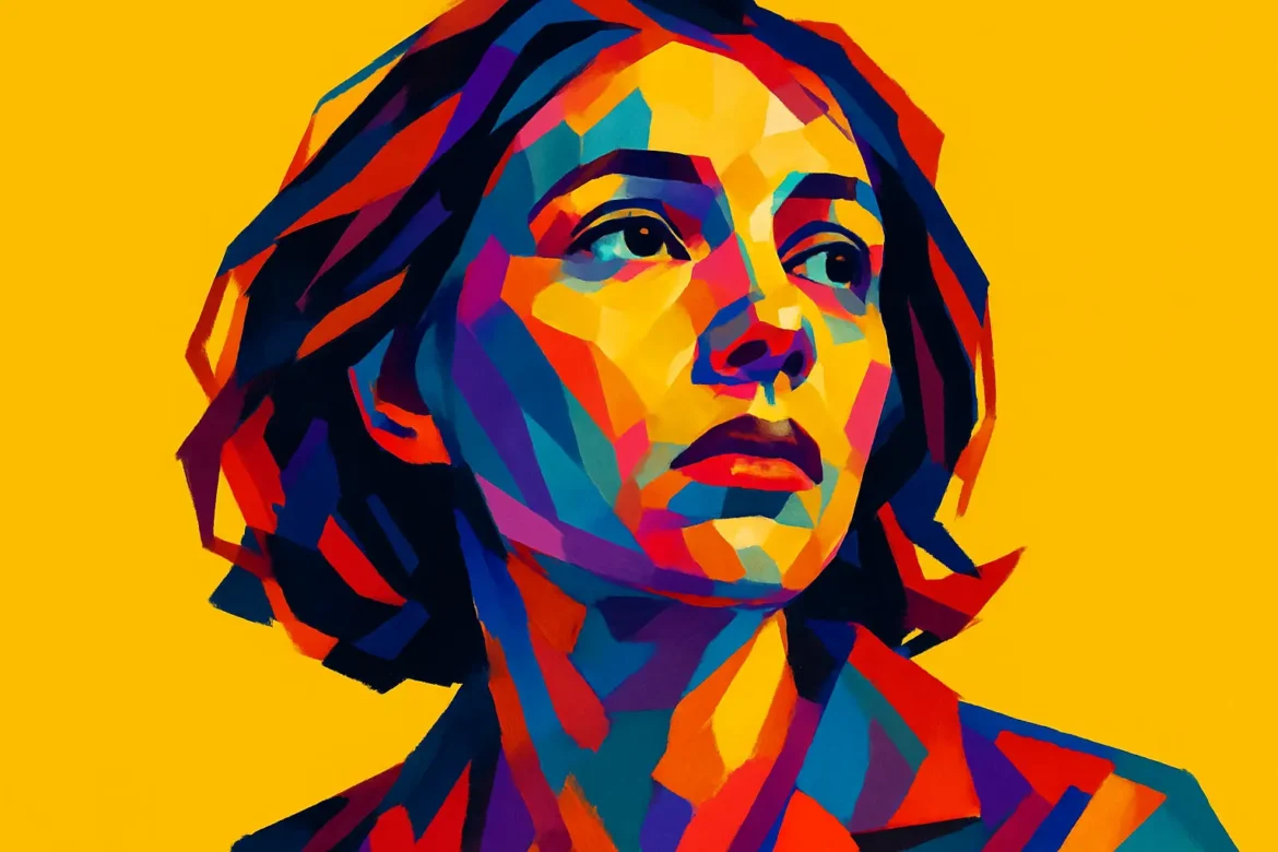 Ilustración vibrante y emocional de una mujer en estilo pop art, representada con trazos angulosos y colores intensos sobre un fondo amarillo. Su mirada melancólica hacia la distancia transmite el peso de los recuerdos y la nostalgia por un amor perdido, capturando la esencia de la añoranza con poderosa expresividad visual.