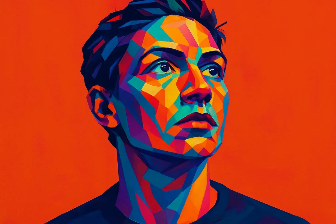 Ilustración artística de un rostro humano en estilo poligonal y colores intensos, con fondo rojo. La figura mira hacia arriba, simbolizando la búsqueda del conocimiento, la reflexión interior y el anhelo de comprender el mundo. Esta obra conecta visualmente con el poder del pensamiento crítico y la expansión de la conciencia a través del saber.