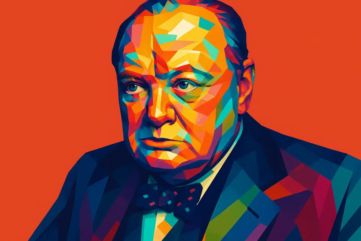 Retrato artístico en estilo pop art de Winston Churchill, quien fue primer ministro del Reino Unido durante la Segunda Guerra Mundial y es recordado por su liderazgo valiente y su oratoria inspiradora. Esta imagen ilustra el espíritu de sus célebres frases sobre el coraje, reflejando su papel crucial en la resistencia contra el nazismo y en la defensa de los valores democráticos.